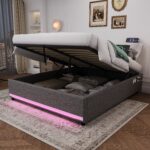 4ft6 Double Hydraulic Storage Bed, No Headboard Linen Bed Frame With APP Control LED Lights, Side Charging Station, Side Pockets, Grey No Mattress - Image 2