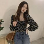 Women's Square Collar Floral Long-sleeved Shirt Spring And Autumn Top Slim Fit - Image 6