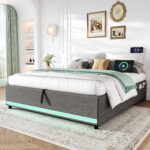 4ft6 Double Hydraulic Storage Bed, No Headboard Linen Bed Frame With APP Control LED Lights, Side Charging Station, Side Pockets, Grey No Mattress - Image 4