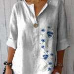 Womens Fashionable Long-Sleeve V-Neck Printed Shirt Top - Image 3