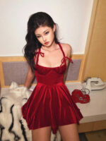 Red Birthday Little Dress Sling Velvet Dress - Image 4