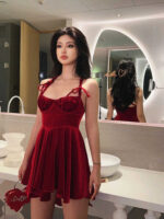 Red Birthday Little Dress Sling Velvet Dress - Image 6