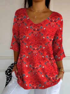 Elegant Retro Womens Casual Floral Print V-Neck Long-Sleeve Top - Image 7