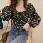 Women's Square Collar Floral Long-sleeved Shirt Spring And Autumn Top Slim Fit - Image 2