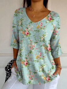 Elegant Retro Womens Casual Floral Print V-Neck Long-Sleeve Top - Image 3