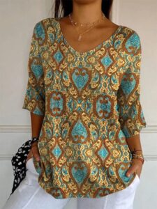 Elegant Retro Womens Casual Floral Print V-Neck Long-Sleeve Top - Image 2