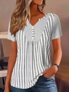 Womens V-neck Striped Patchwork Blouse - Image 4