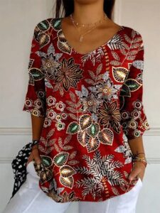 Elegant Retro Womens Casual Floral Print V-Neck Long-Sleeve Top - Image 8