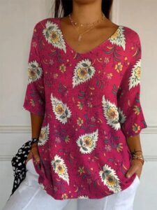 Elegant Retro Womens Casual Floral Print V-Neck Long-Sleeve Top - Image 6