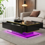Modern LED Coffee Table With High-Gloss Finish, 100 Cm Length, Gold Accents, 3 Drawers & USB LED Light Strip Adapter-Power Bank Required - Image 2