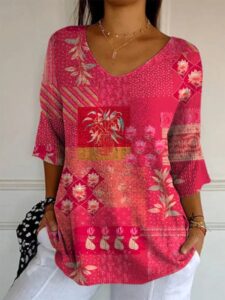 Elegant Retro Womens Casual Floral Print V-Neck Long-Sleeve Top - Image 4