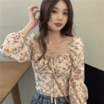 Women's Square Collar Floral Long-sleeved Shirt Spring And Autumn Top Slim Fit - Image 3