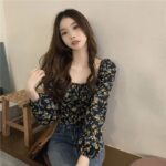 Women's Square Collar Floral Long-sleeved Shirt Spring And Autumn Top Slim Fit