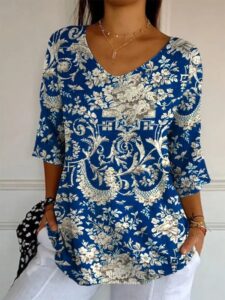 Elegant Retro Womens Casual Floral Print V-Neck Long-Sleeve Top - Image 5