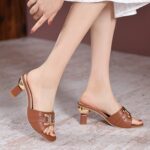 Womens Metal-buckle High-heeled Peep-toe Slippers - Image 2
