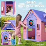 5-in-1 Playhouse For Kids Outdoor Indoor With Basketball Hoop, Football Goal, Dartboard, Ring Toss For 2-5 Years, Pink - Image 4