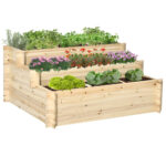 117cm X 100cm X 54cm 3 Tier Raised Garden Bed 6376L Fir Wood Elevated Planter Flower Box With 9 Grow Grids And Non-woven Fabric For Vegetables, Flower, Herb Outdoor Indoor Use